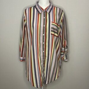 Maggie & Max Colorful Striped‎ Tunic Roll Tab Sleeve Button Down Shirt Women L